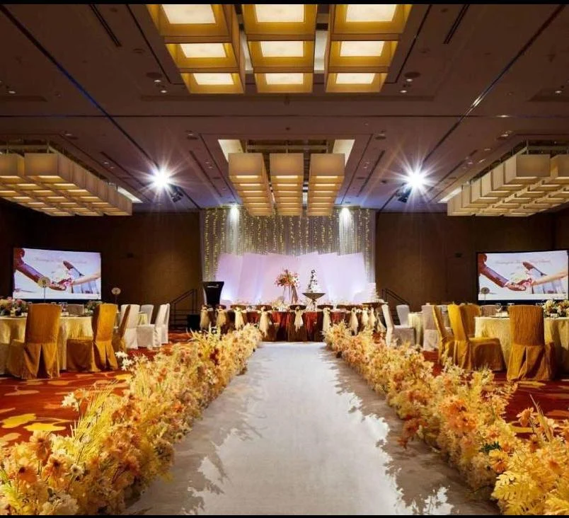 A banquet venue set for a corporate celebration